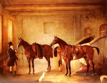 stable - Sir John Thorold Bucht Jäger mit ihren Bräutigam in einem Stall Pferd John Ferneley Snr